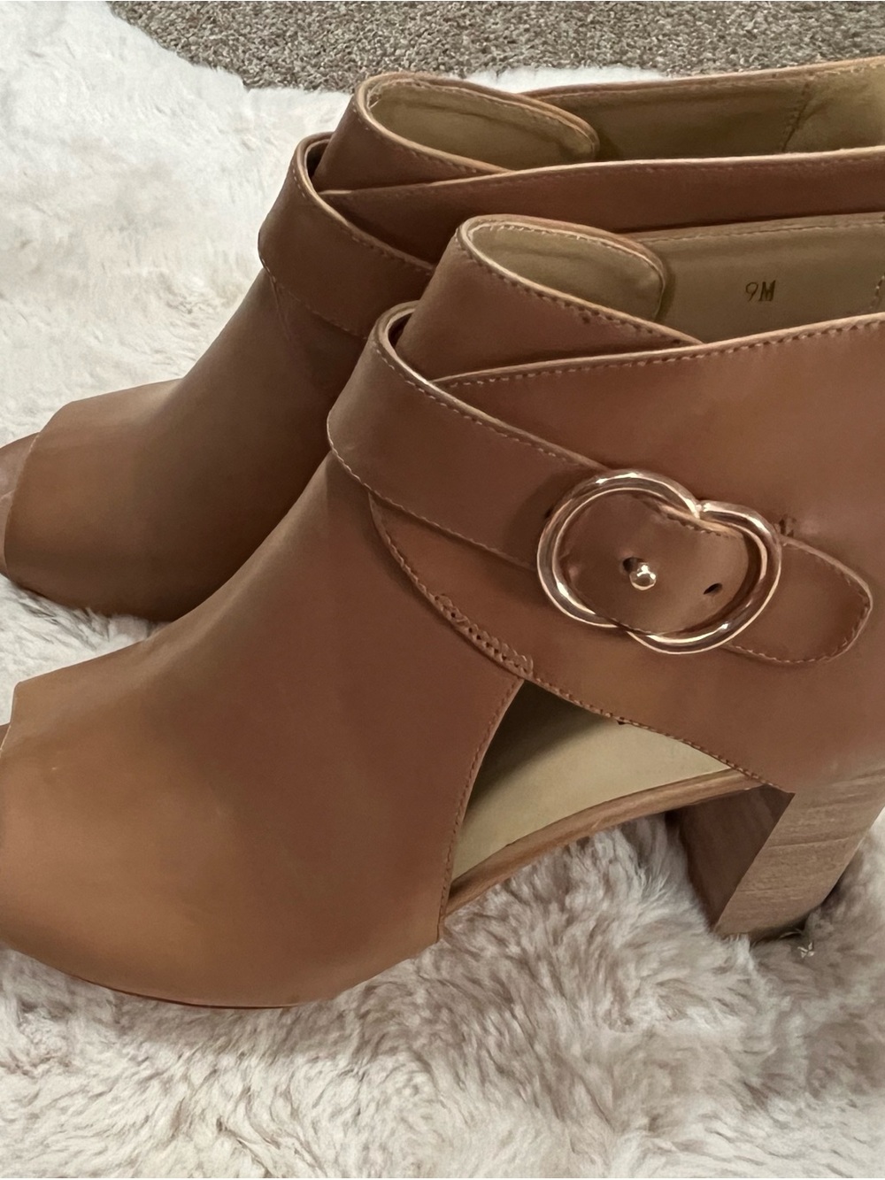 Vaneli Tan Peep-Toe Ankle Booties with Heart Buckle